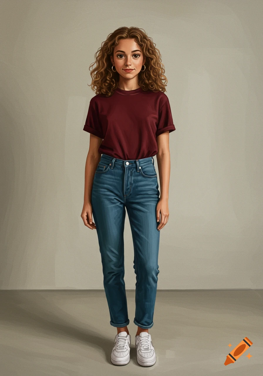 A young woman with curly brown hair wears a dark red t-shirt, blue jeans, and white sneakers, standing against a neutral background.