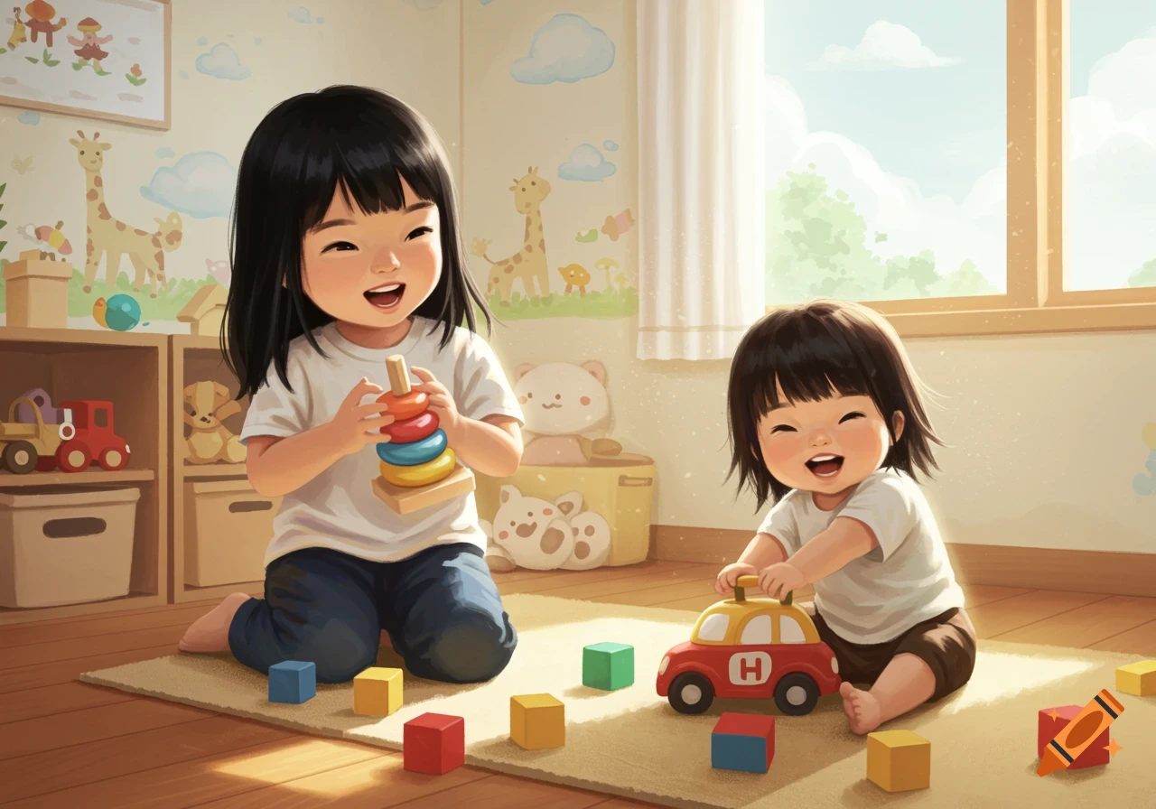 Two smiling Asian children playing with colorful blocks and toys on a rug in a sunlit playroom, illustrated in a cheerful style.