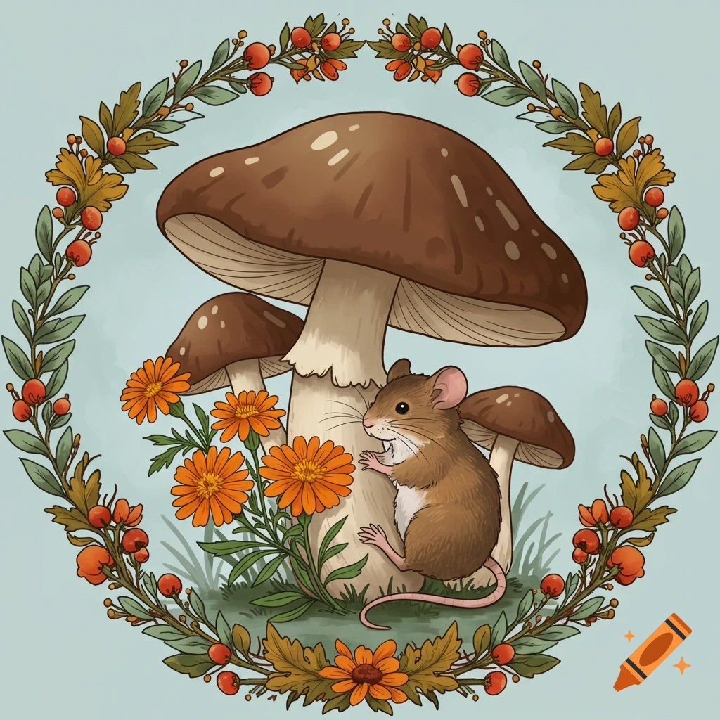 A neo-traditional illustration of a little brown mouse on a large mushroom, surrounded by orange marigolds and autumn foliage in a round border.