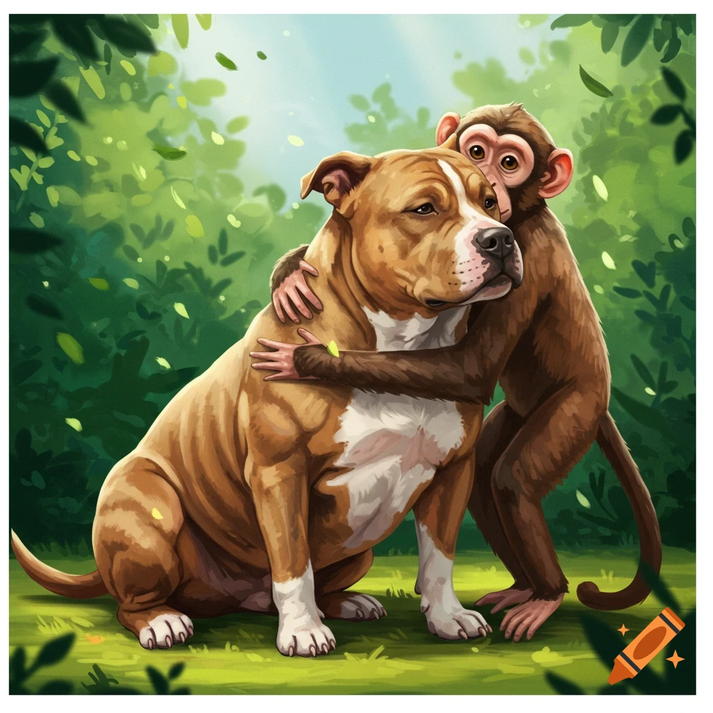 A stylized illustration of a brown pitbull being hugged by a small monkey in a lush green forest.