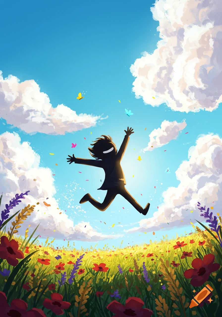 Silhouetted person jumps with arms outstretched in a vibrant field of flowers under a bright blue sky with clouds and colorful butterflies, digital illustration.
