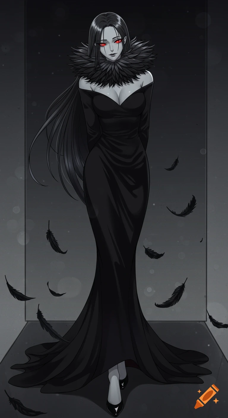 Anime woman with grey skin, red eyes, and long black hair in an off-shoulder black gown with a feather collar, with feathers falling around her.