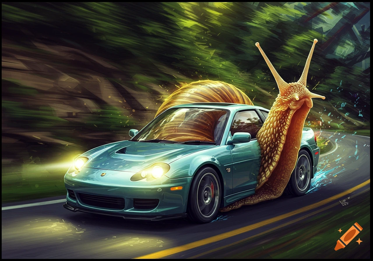 A giant snail's body forms a teal sports car speeding on a winding road, fantasy art.