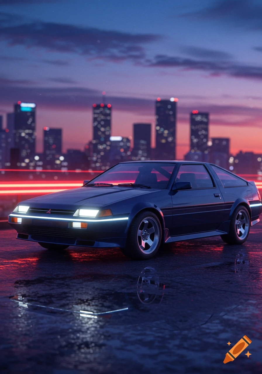 A dark blue sports car with bright headlights parked on a wet street at dusk, with a neon-lit city skyline in the background.