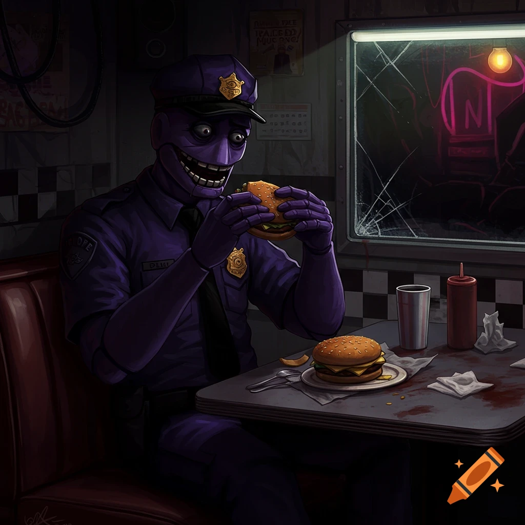 Stylized illustration of the purple guy from FNAF with a wide grin, eating a hamburger in a dark, dingy diner.