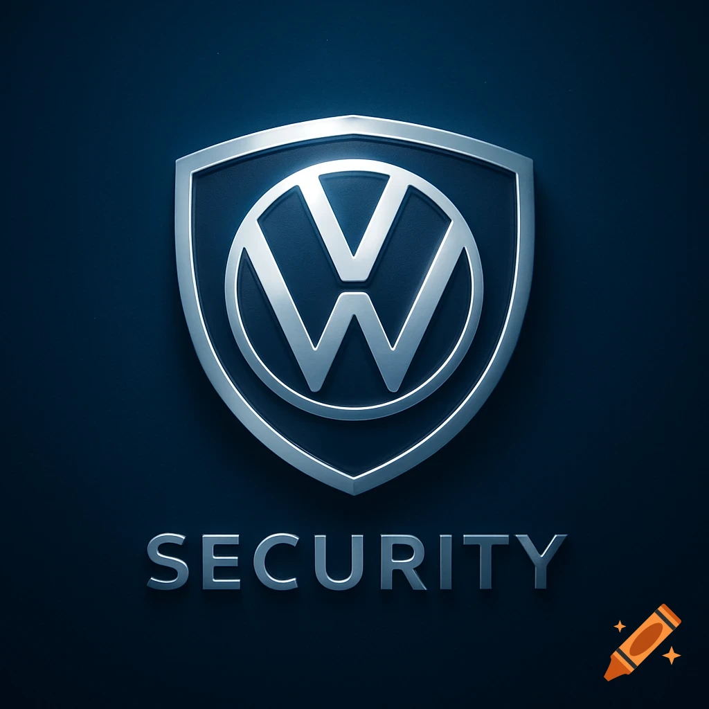 A metallic silver Volkswagen logo within a dark shield, with the word "SECURITY" rendered below it, on a dark blue background.