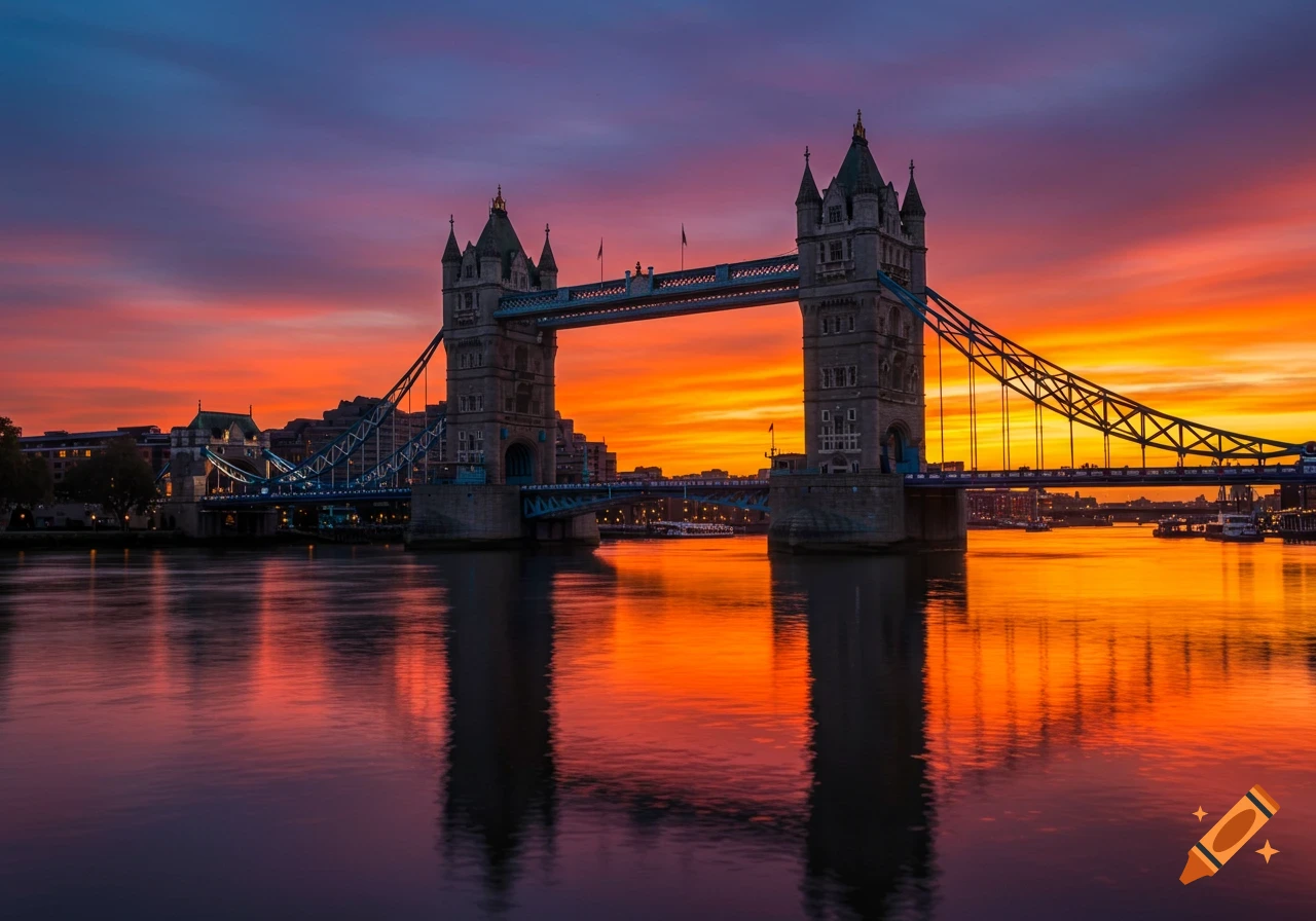 Tower Bridge at sunset, reflecting vibrant orange and purple hues on the River Thames.