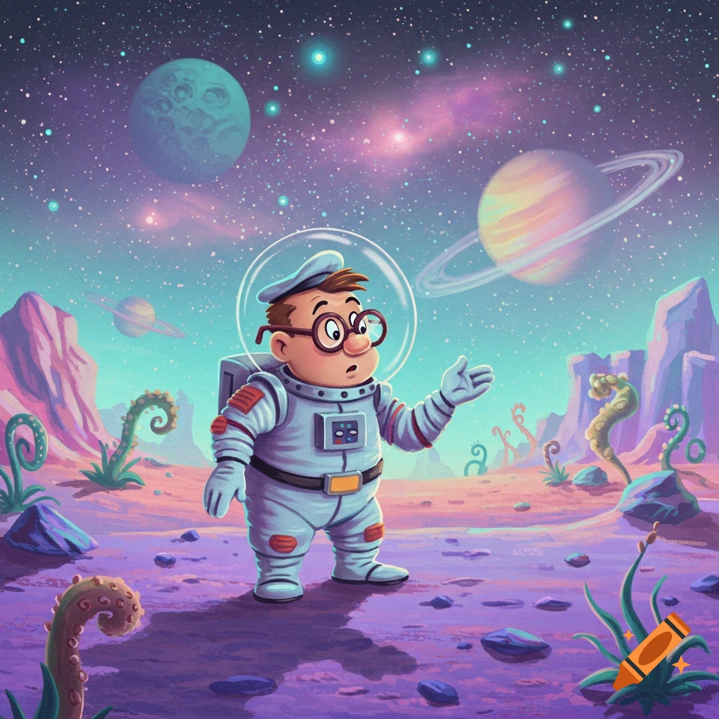 Cartoon Mr. Magoo in a spacesuit explores a colorful alien planet with strange plants and planets in a starry sky, illustrative style.