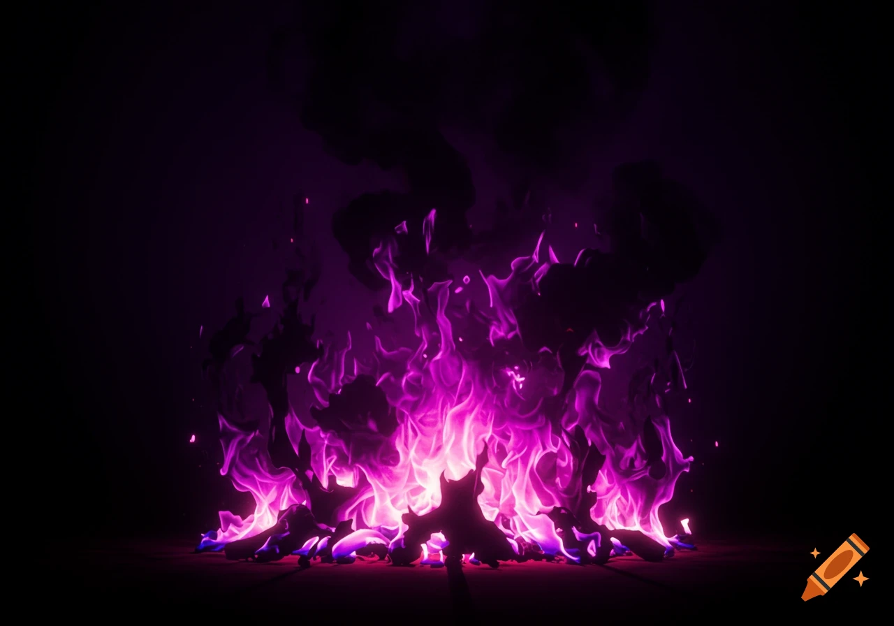 Vibrant purple flames burning on a dark background, in an anime-inspired style.