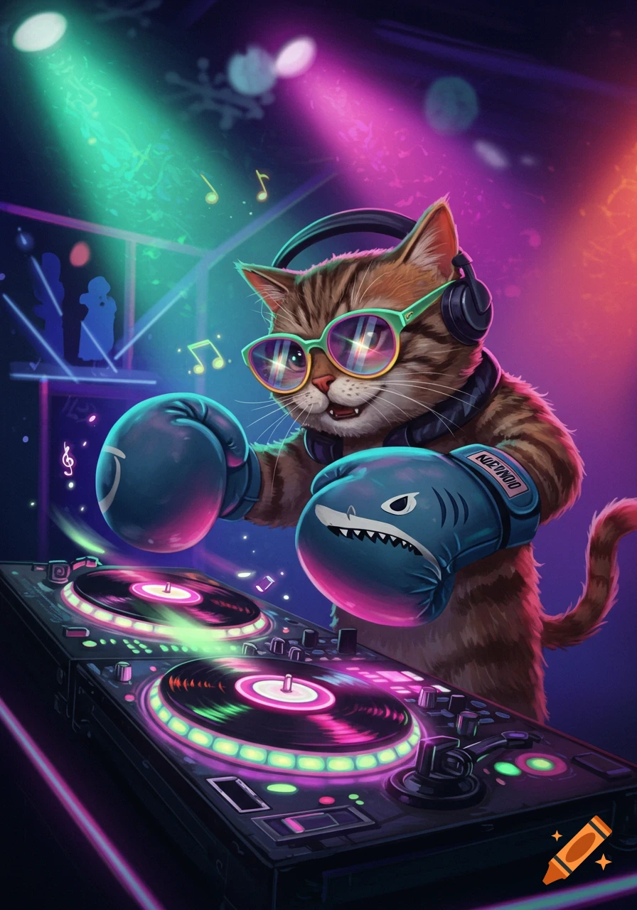 A cool tabby cat DJing at a neon-lit club, wearing headphones, sunglasses, and shark-themed boxing gloves while scratching records on turntables.