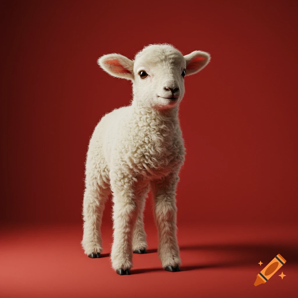 Photorealistic image of a fluffy white baby lamb with dark eyes standing on a solid red background.