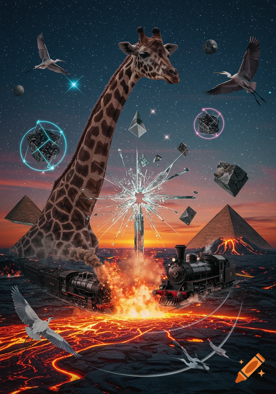 Surreal image with a giant giraffe head, trains on a lava field, pyramids, flying birds, and geometric shapes under a starry sky.