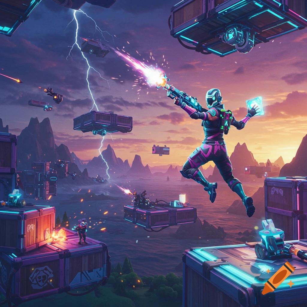 Futuristic soldier in mid-air fires a neon-glowing weapon in a vibrant, stylized combat zone with floating platforms and mountains at sunset.