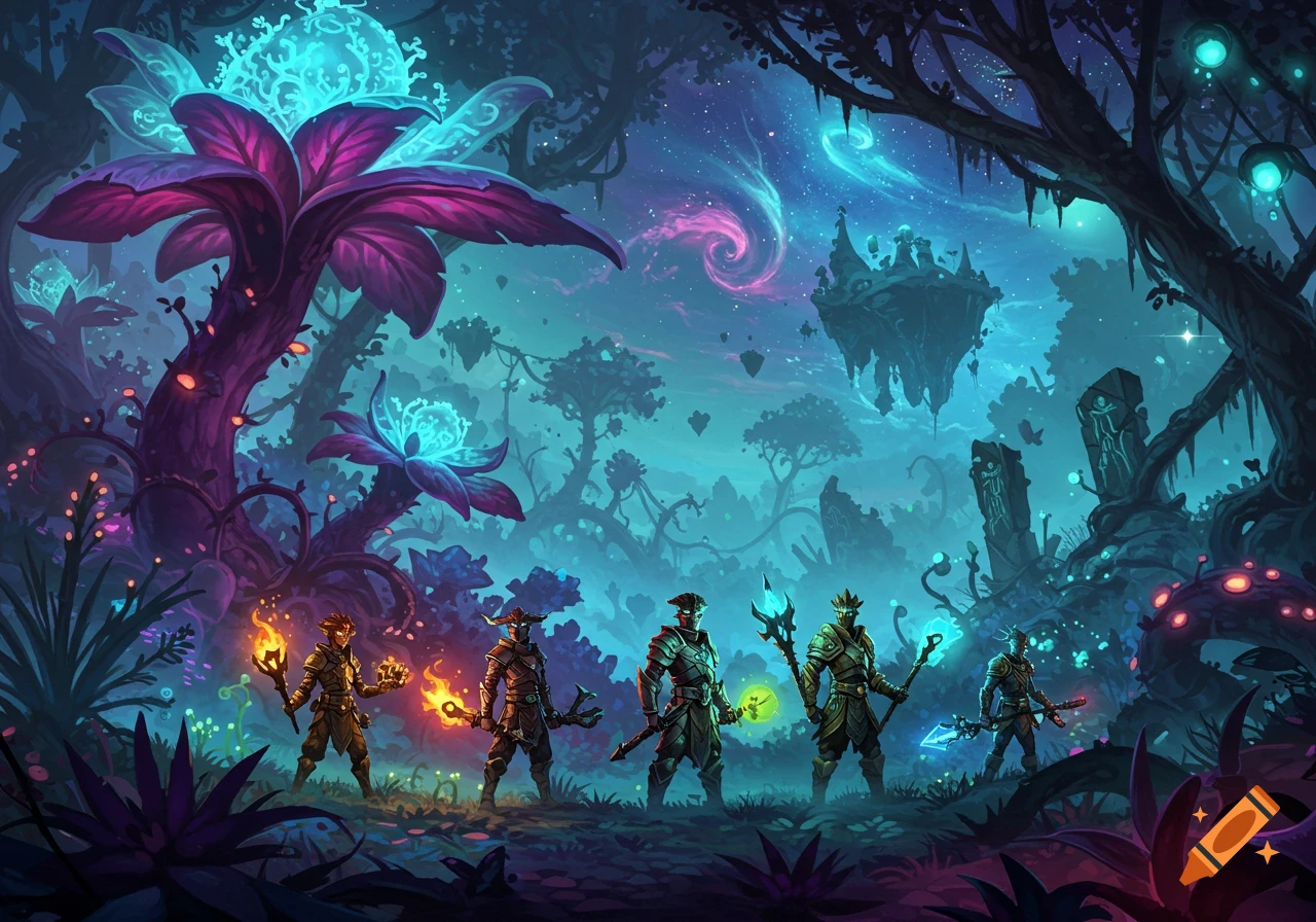 Five adventurers with glowing weapons stand in a vibrant bioluminescent alien forest with floating islands and strange flora.