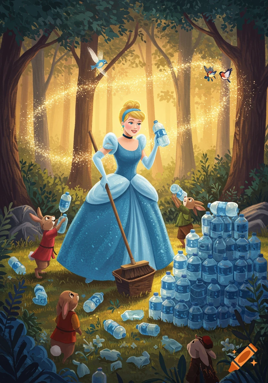 Cinderella in a blue ball gown sweeps plastic water bottles in a magical forest, aided by animated animal friends.