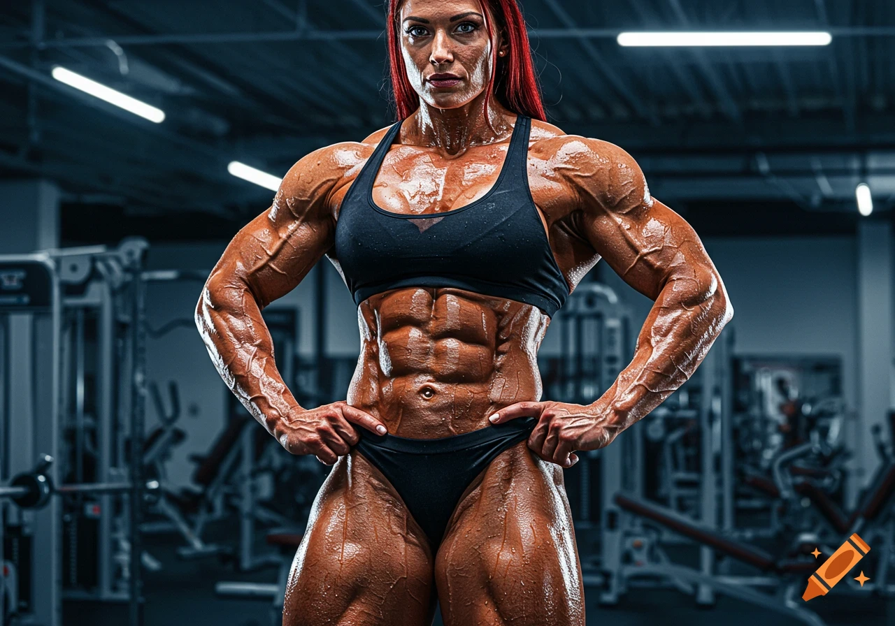 A highly muscular female bodybuilder with red hair, covered in sweat, poses in a black sports bra and briefs in a gym.