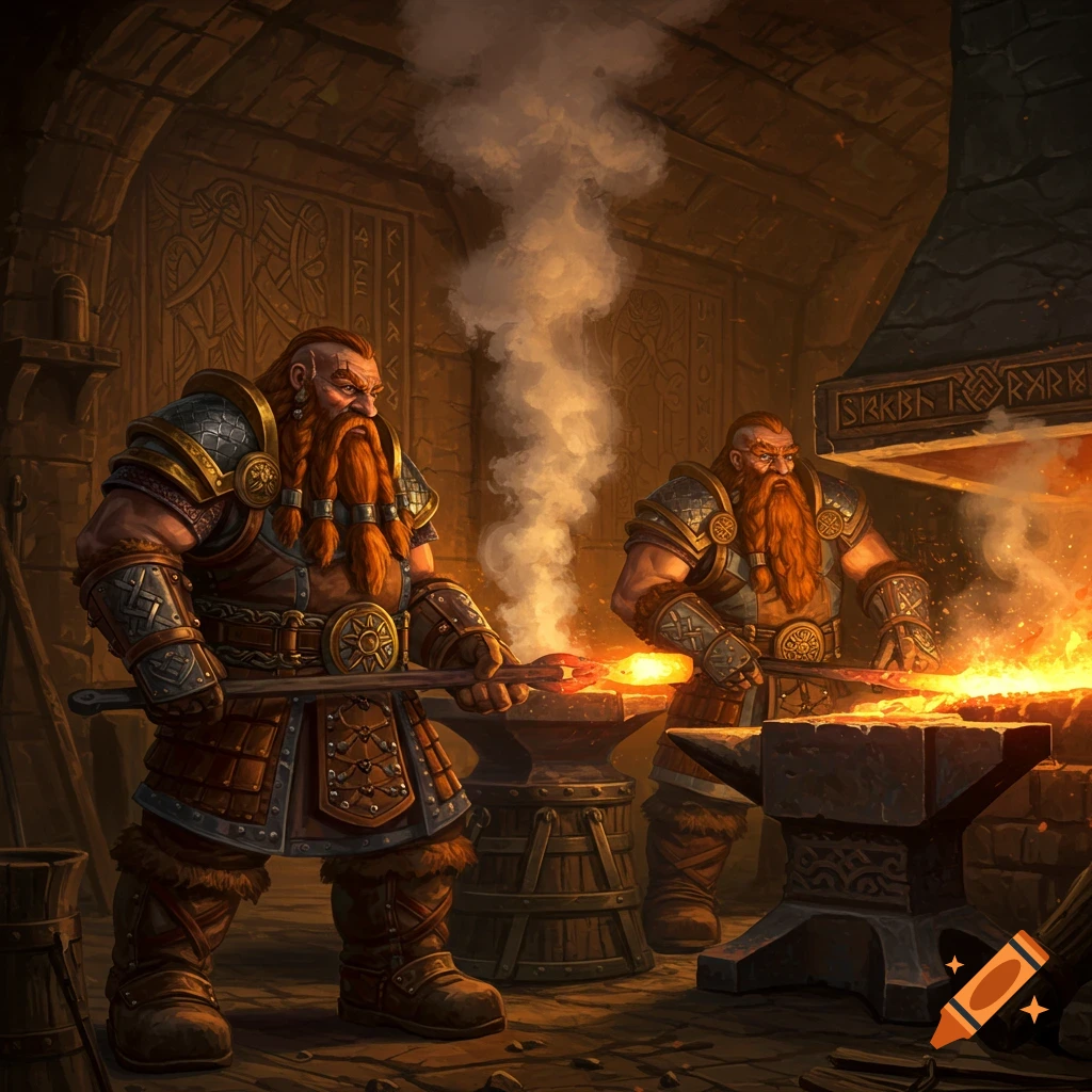 Two burly dwarves with braided red beards work in a dark, detailed fantasy blacksmith's forge, hammering glowing metal on anvils.