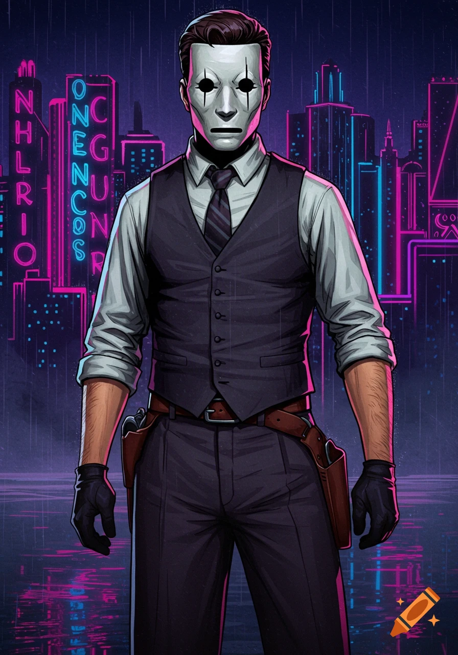 A masked man in a suit, vest, and tie with hip holsters stands against a neon-lit futuristic city background in a comic art style.