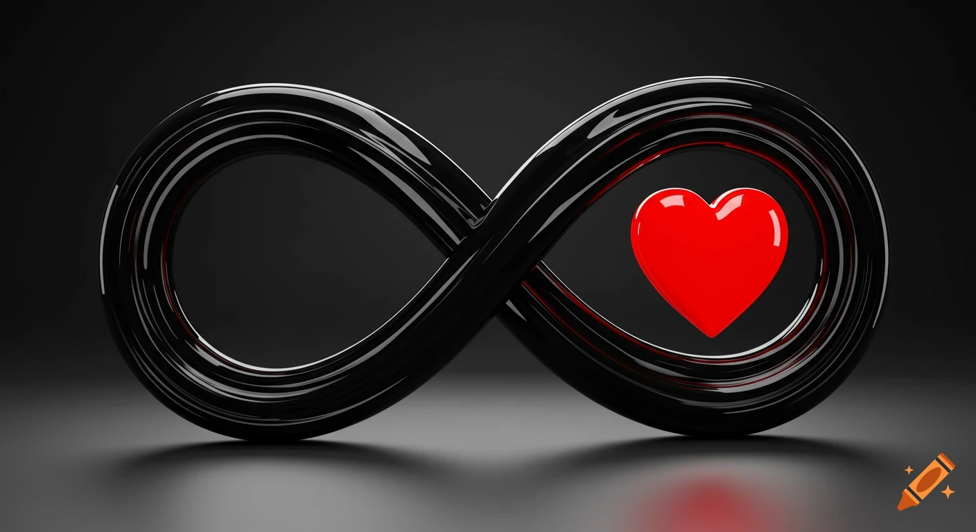 A sleek black infinity symbol with a shiny red heart inside, against a dark background.