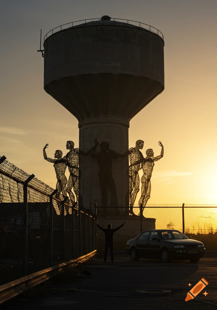 Silhouetted water tower, wire sculptures of figures, a person with raised arms, and a car against a golden sunset sky.