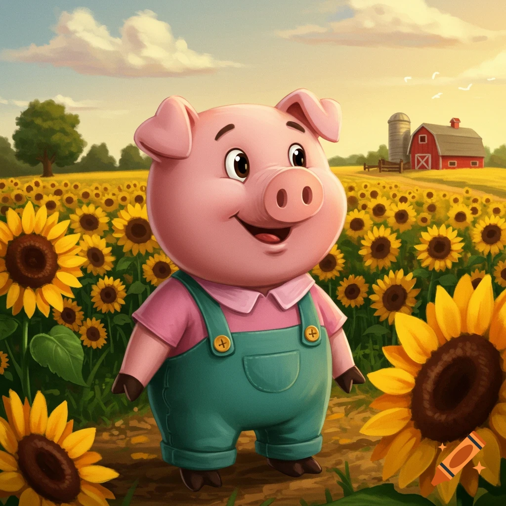 Cute cartoon pig in green overalls and pink shirt smiles in a vibrant sunflower field with a red barn in the background.