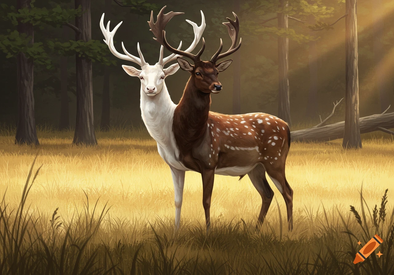 A two-headed deer stands in a sunlit golden field within a forest, with one head albino and the other brown with spots, in a painterly style.