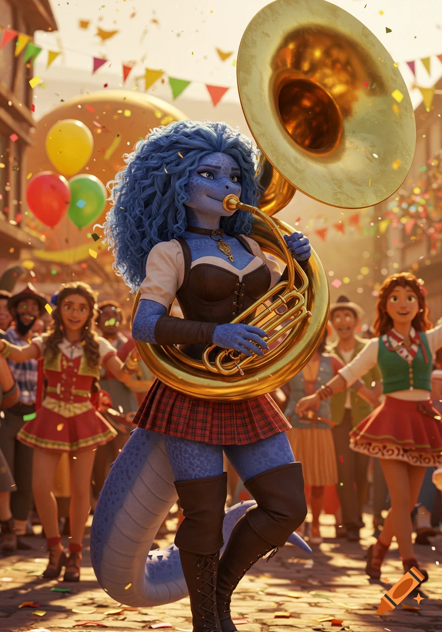 A blue curly-haired dragonborn woman in a corset and plaid skirt plays a golden sousaphone in a vibrant, cartoonish parade with confetti.