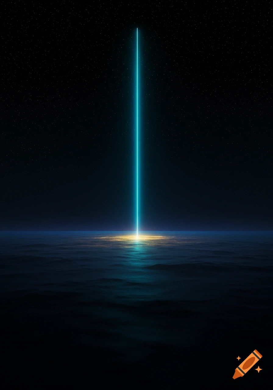 A vibrant blue laser-like beam shoots up from a golden glow on a dark, wavy surface, into a starry night sky.