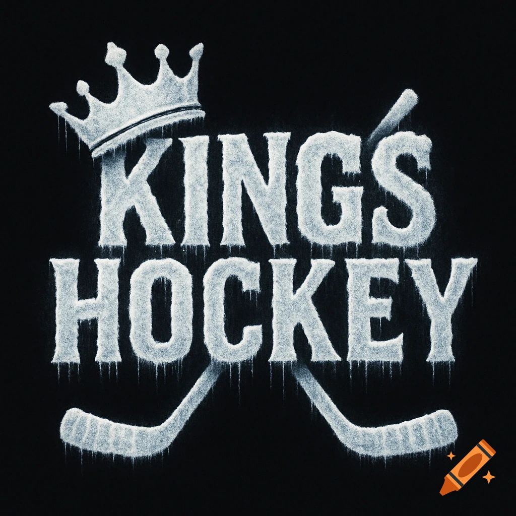 Icy, frosty 'KINGS HOCKEY' text with a crown and crossed hockey sticks on a black background.