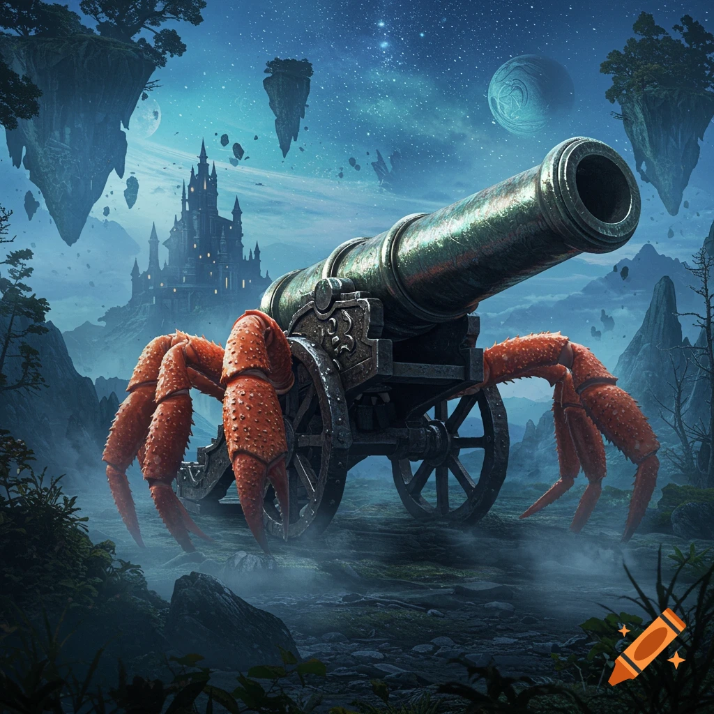 A cannon with red crab legs in a surreal, foggy fantasy landscape with a castle, floating islands, and a starry night sky.