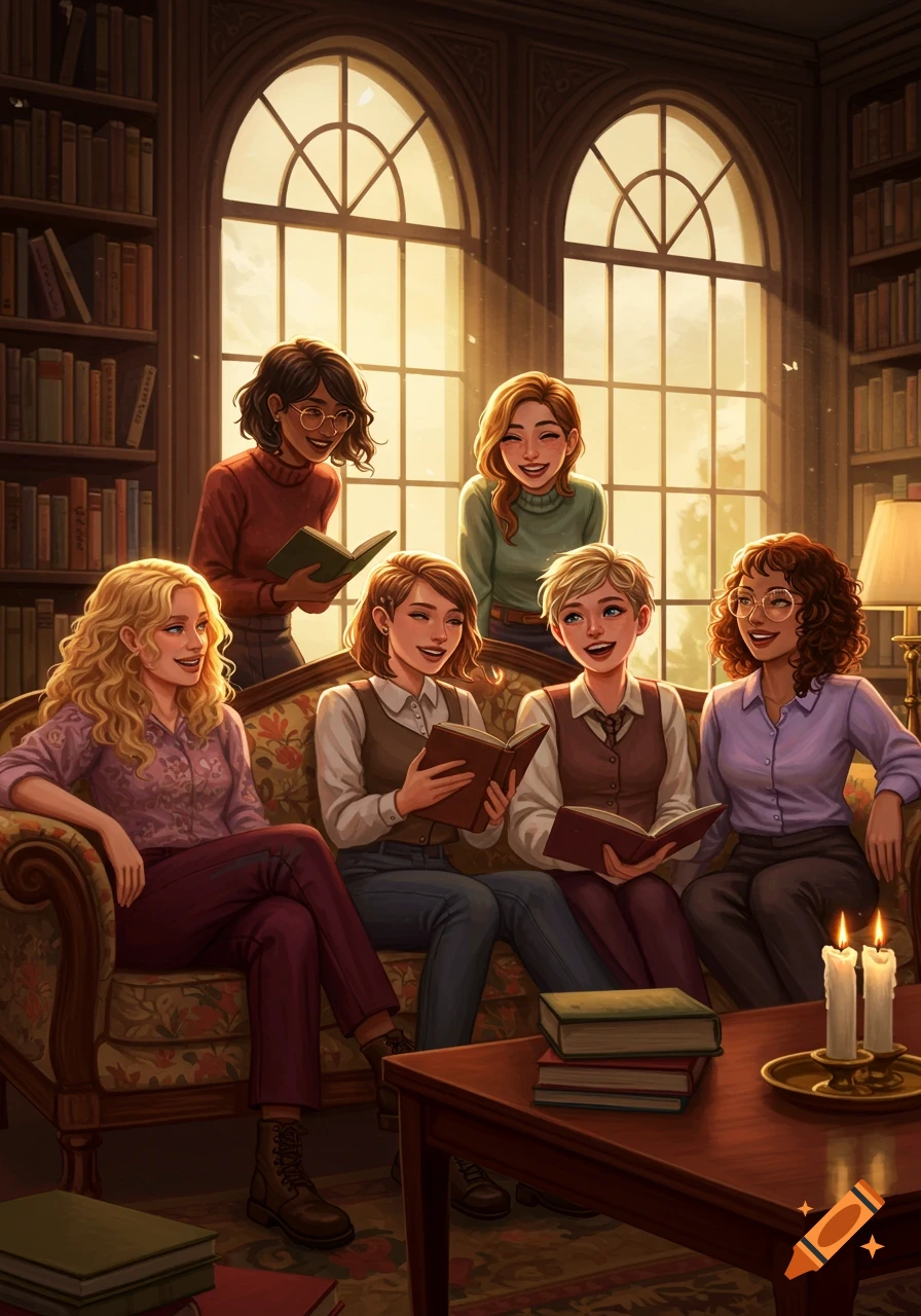 Five women read books and chat in a cozy library, bathed in warm light from large arched windows.