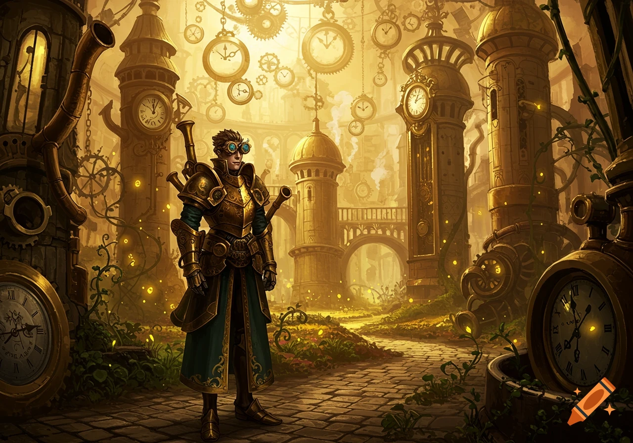 A steampunk-armored character stands in a fantastical city with numerous clocks and gears, bathed in warm golden light.