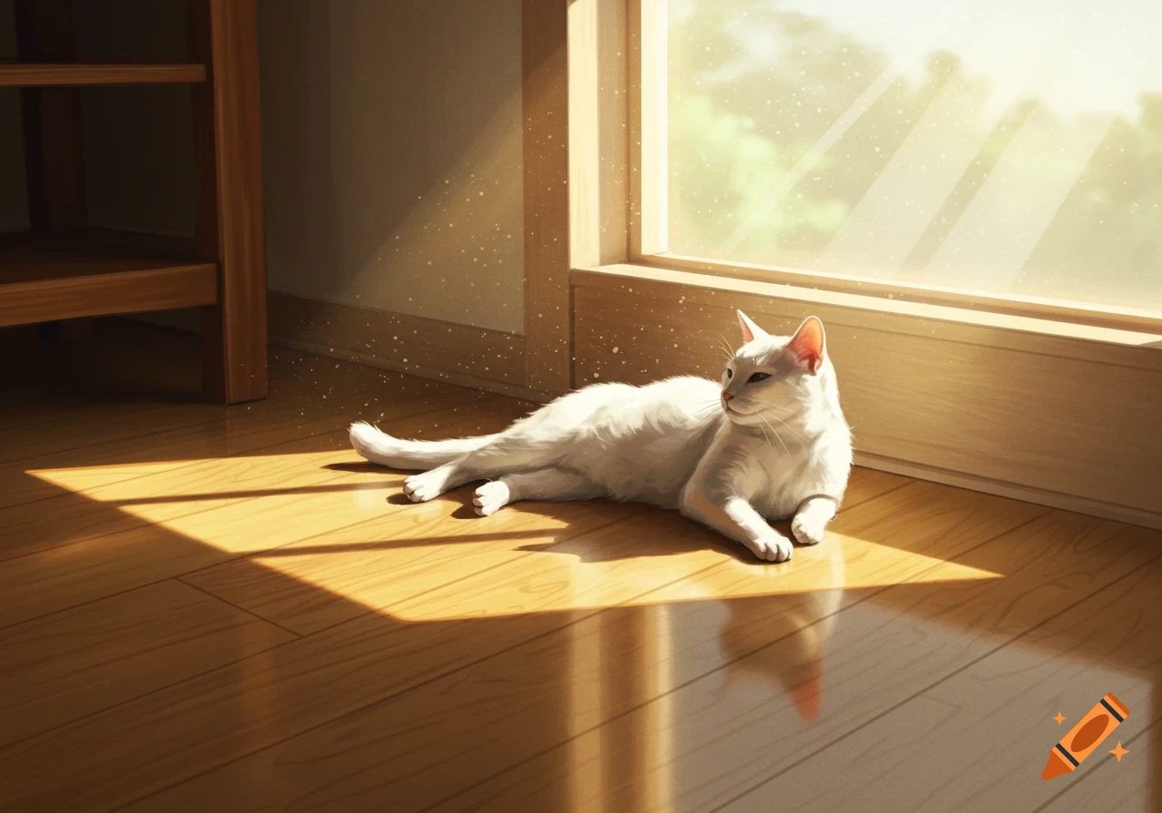 A white cat lies on a wooden floor, basking in sunlight streaming through a rectangular window.