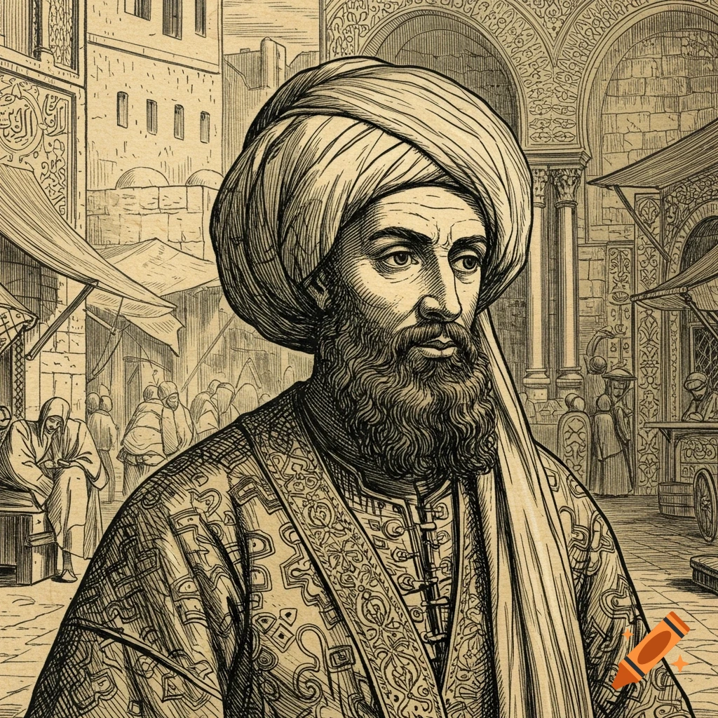 A woodcut illustration of a Middle Eastern man with a beard and turban, standing in a bustling historical market scene.