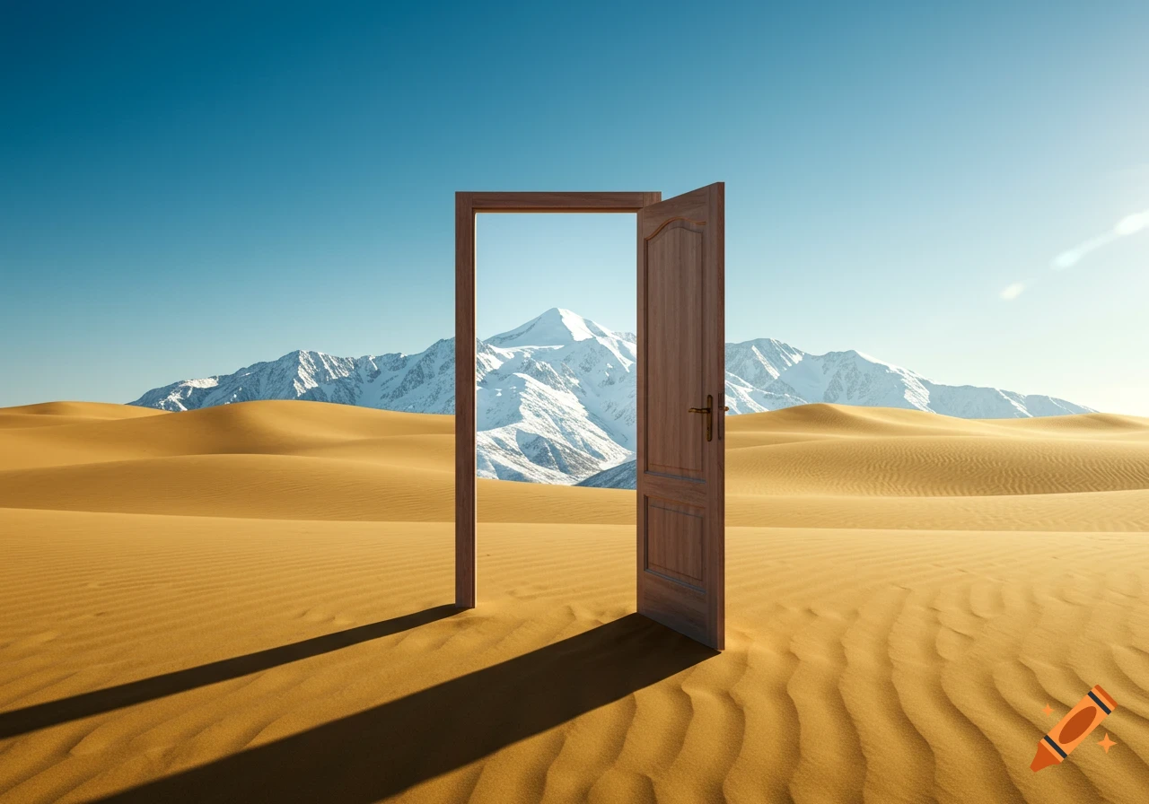 A freestanding open wooden door in a desert, revealing snow-capped mountains through its frame under a clear blue sky.
