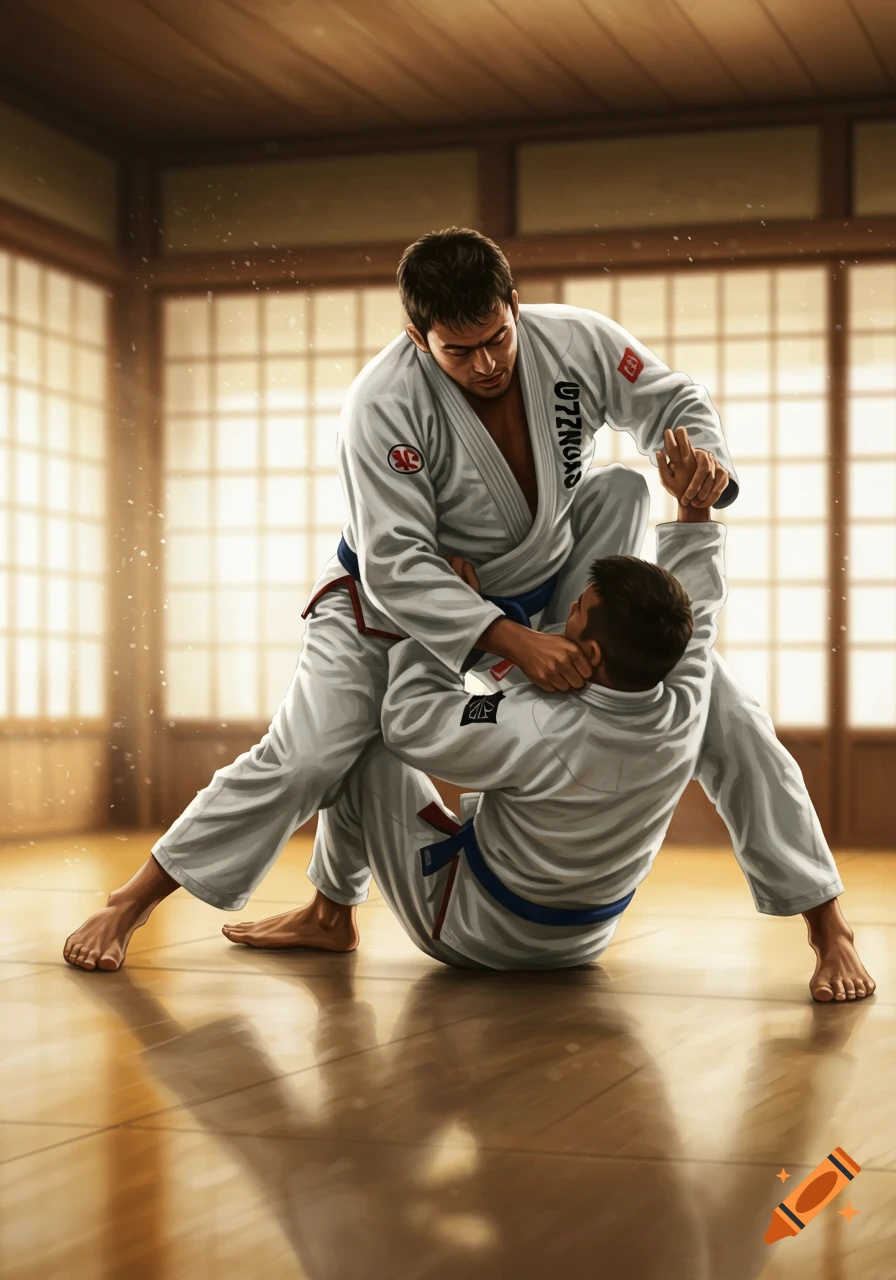 Two men in white gi engage in a jiu-jitsu grappling match on a polished wooden floor in a dojo setting. One stands over the other who is on the ground.