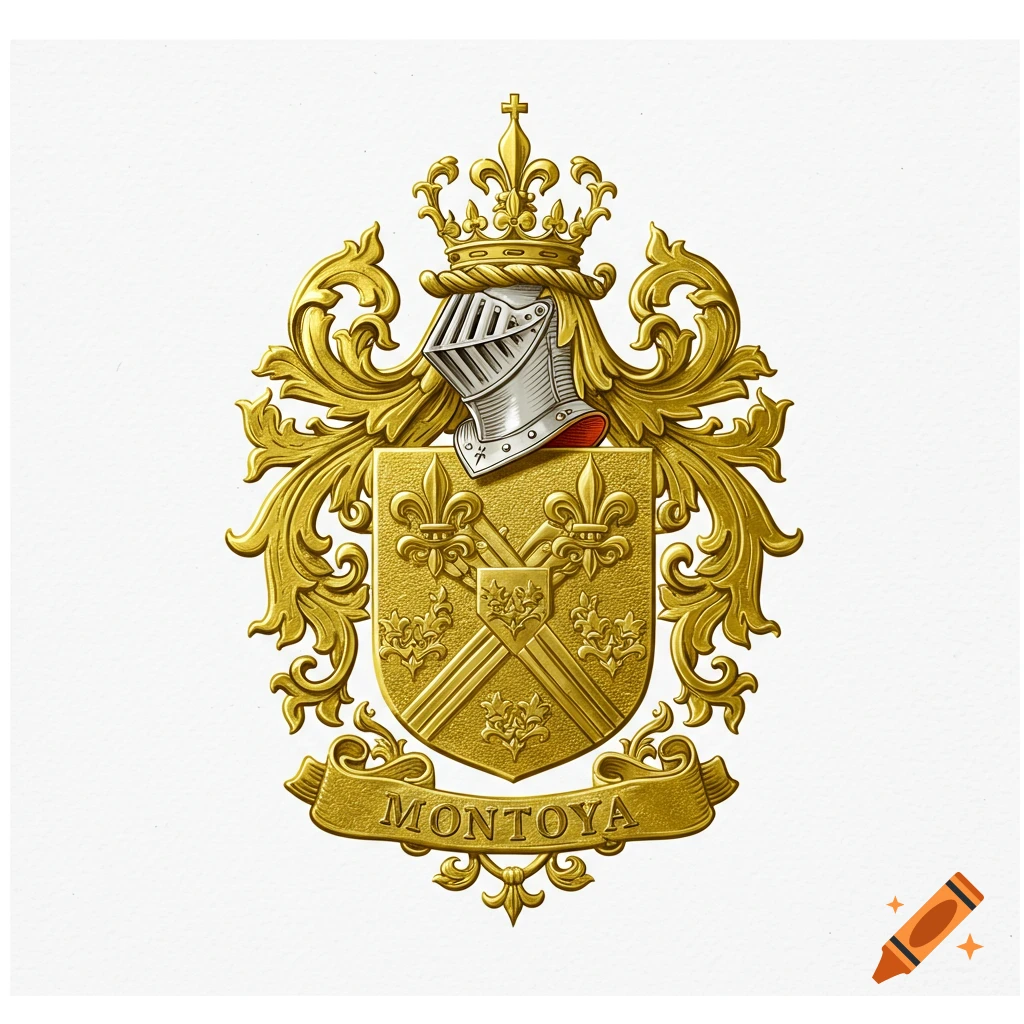 Ornate gold Montoya family crest with a knight's helmet, crown, and shield on a white background.