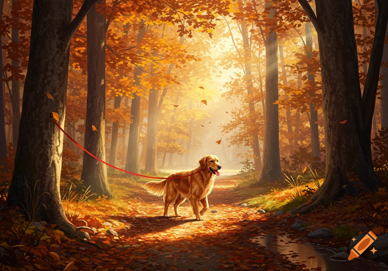A golden retriever on a red leash walks along a path covered in orange autumn leaves in a sunlit forest, illustrative style.