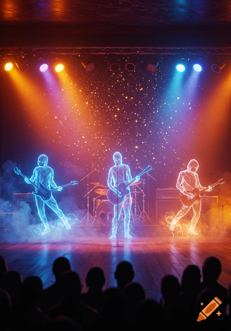 Three glowing, transparent figures playing guitars on a smoky concert stage with vibrant orange and blue lighting, viewed from an audience perspective.