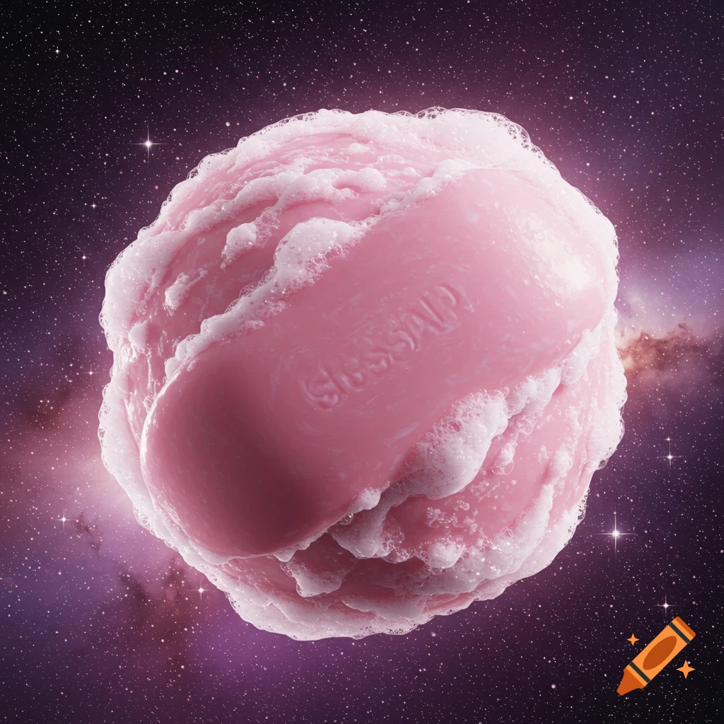 A pink bar of soap covered in white suds, resembling a planet, floats in a starry purple space.