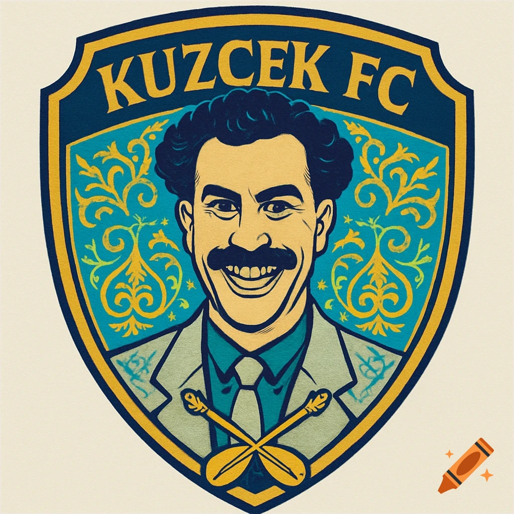 A cartoon-style soccer club badge featuring a smiling Borat with a mustache, crossed paddles, and 'KUZCEK FC' text.