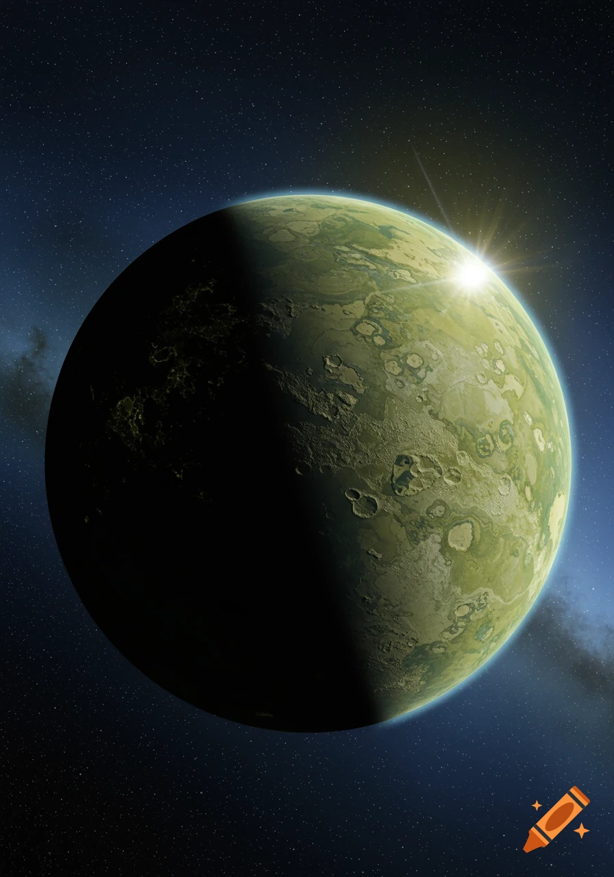 A rocky, olive green planet in space, partially illuminated by a bright sun.