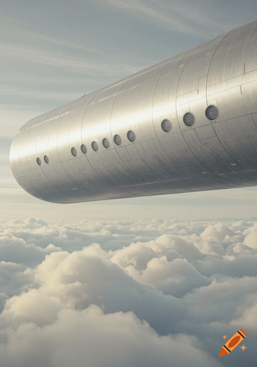 Massive metallic cylinder with circular portholes flying above white clouds.