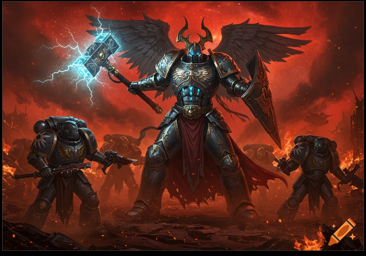 A winged armored warrior with a glowing hammer and shield leads other armored soldiers in a fiery, red-skied battleground.