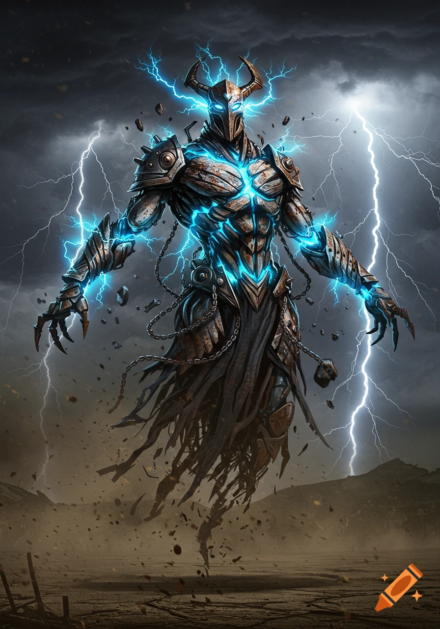A towering rusty metal and lightning elemental spirit stands in a stormy, barren landscape with lightning striking around it.