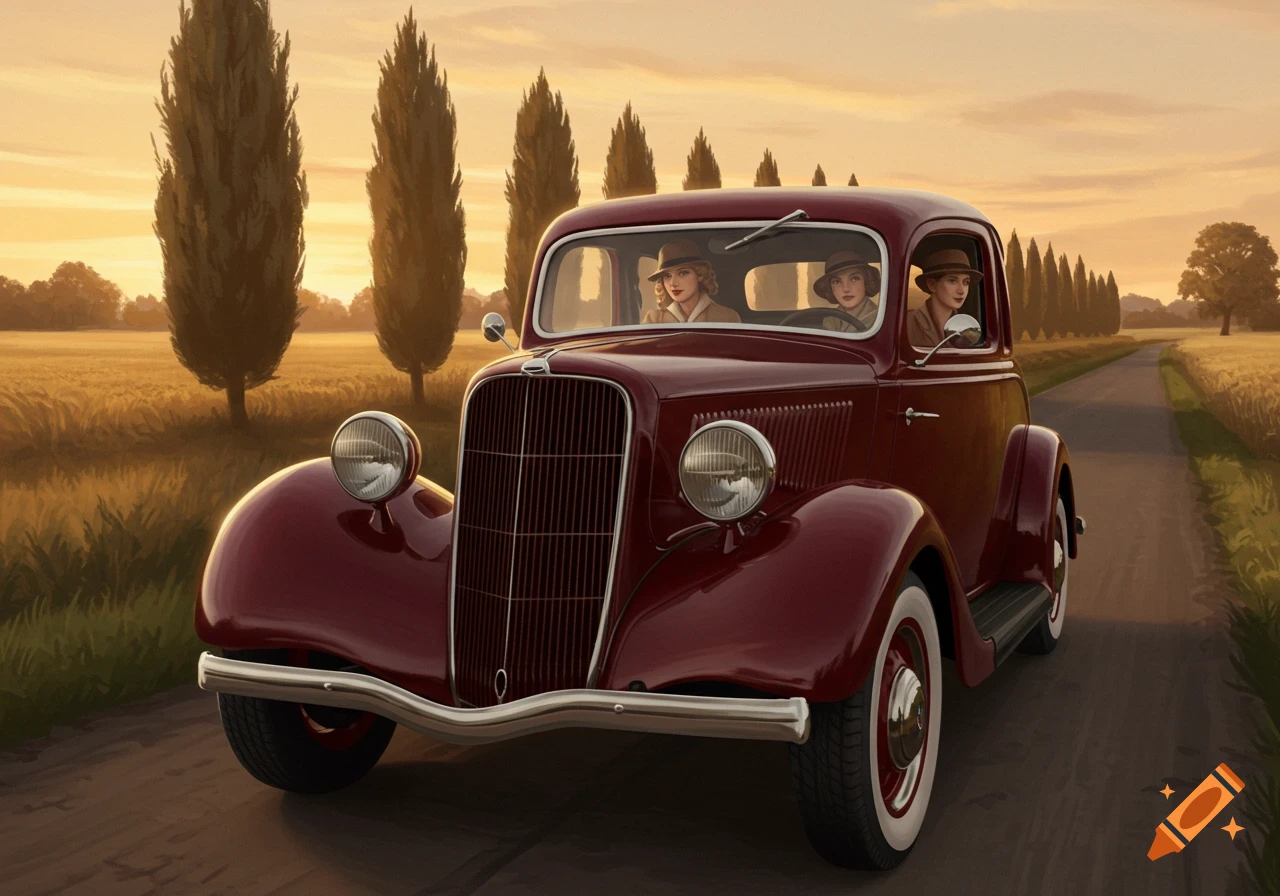Illustrative painting of a red 1930s Ford with three women driving on a rural road through golden fields at sunset.