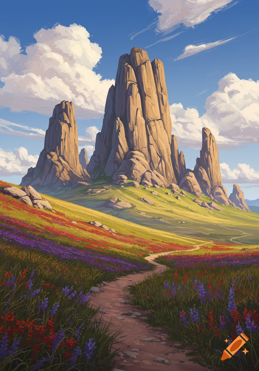 Illustrative landscape of a path through a field of colorful wildflowers leading to towering rock formations under a bright blue sky.