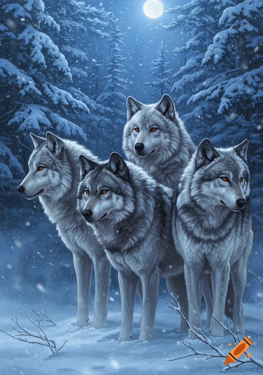 Four grey wolves with orange eyes stand in a snow-covered forest under a full moon, with snowflakes falling.