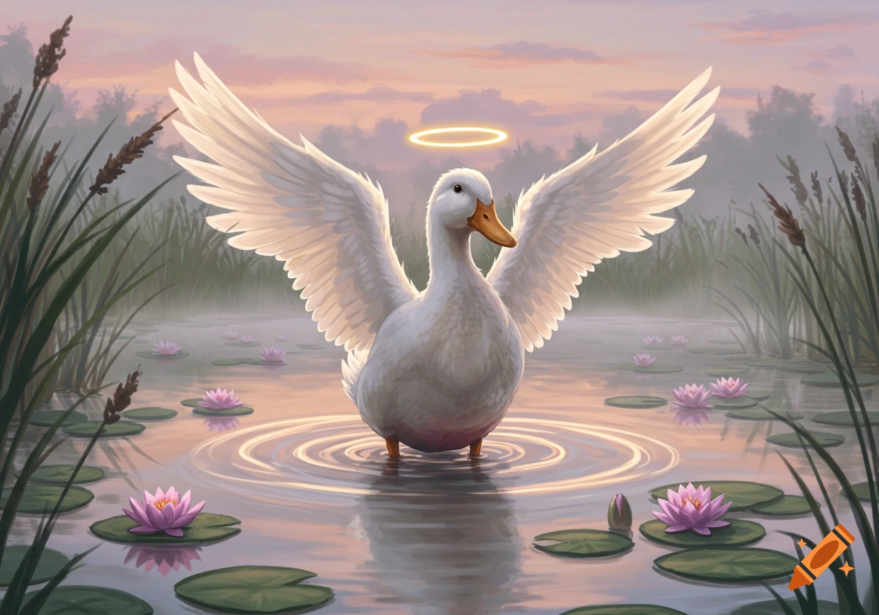 White duck with angel wings and a halo stands in a misty pond with pink water lilies at sunset, painterly style.