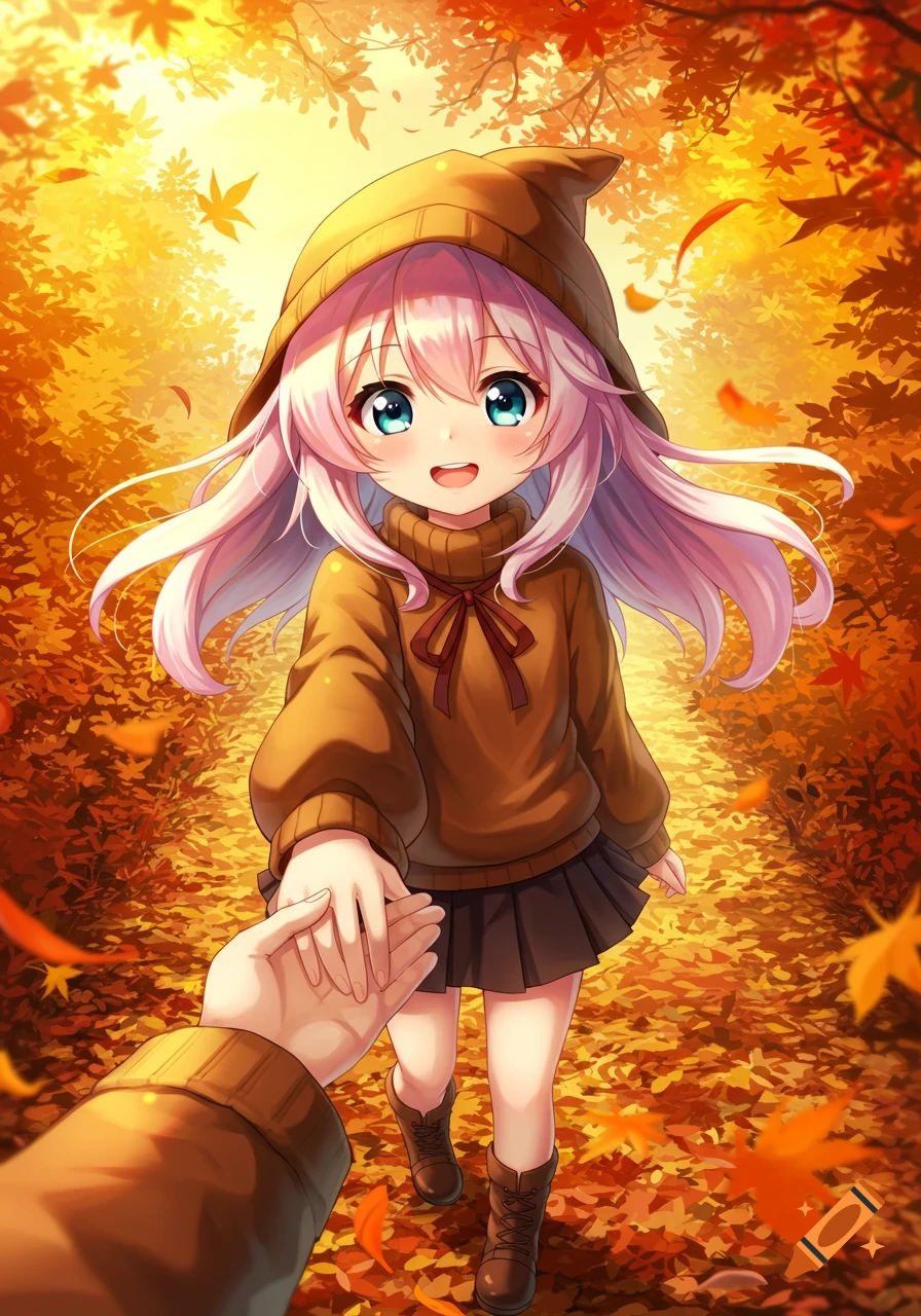 A happy anime girl with pink hair, wearing a brown sweater and hat, holds a hand while walking on an autumn forest path.
